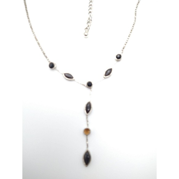 Simple Silver Tone & Black Faceted Oval Teardrop Y-drop Y2K Fashion Necklace - Picture 5 of 7